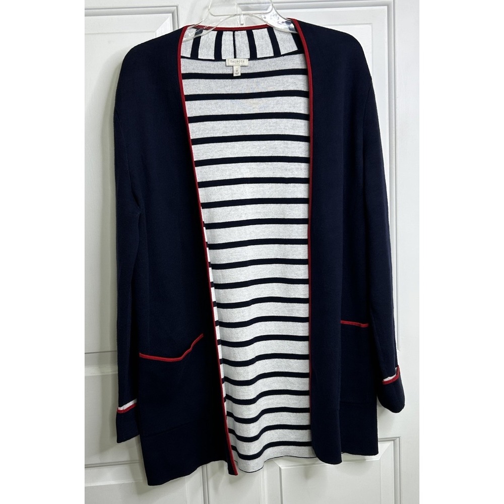 Talbots Open Front Drape Cardigan Women's Medium Navy Blue + Red Trim Pockets